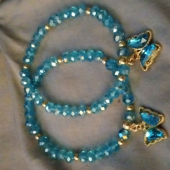 Aurora Borealis beads Jewelry - AURORA BOREALIS TEAL BUTTERFLY BRACELET SET OF TWO
